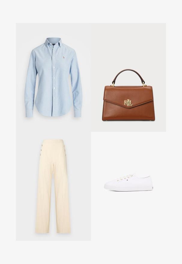 Hele sinine puuvillane särk, millel on pikad varrukad, terav krae ja väike broderi logo vasakul rinnal.; Kerged jalad püksid heledas kreemjas värvitoonis, sujuva tekstuuriga, kõrge vöökohaga ja kaunistusekuldsete nööpidega külgedel.; Valge kangast tennisemüts kuldsete silmadega, lame pael ja tekstureeritud kummist talla, minimaalse brändimisega küljel. Madala profiiliga disain.; Pruun nahast käekott, millel on struktureeritud disain, ülemine käepide, kullavärvi detailid ja logo aksent ees. Sile tekstuur.