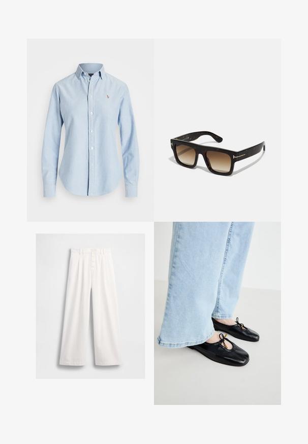 Chemise boutonnière bleu clair en coton, dotée de manches longues, d'un col pointu et d'un petit logo brodé sur le côté gauche de la poitrine.; Pantalons larges blancs en tissu lisse, avec une taille haute, une fermeture frontale à boutons visibles et des coutures soignées le long des ourlets.; Ballerines noires en cuir avec un bout arrondi, dotées d'une découpe et d'un nœud, portées avec un jean taille haute bleu clair à jambes larges.; Lunettes de soleil en écaille de tortue avec une monture carrée, des verres bruns dégradés et de subtile accents dorés sur les branches.
