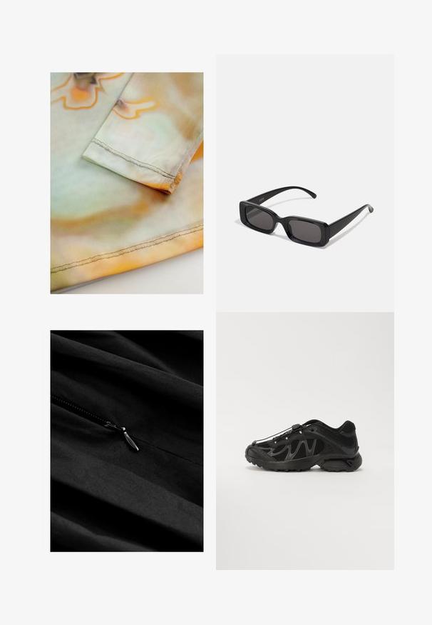 Zacht, lichtgewicht stof met een golvend oranje en groen patroon. Beschikt over een keurig gestikt zoom langs de rand van de mouw.; Zwarte stof met subtiele textuur, voorzien van een ritssluiting. De rits heeft een metalen trekker, geplaatst tegen een gladde, hangende stof.; Zwarte sportieve schoen met een bovenwerk van mesh, een gebogen ontwerp en een rubberen zool. Voorzien van elastische veters en gestructureerde accenten voor grip.; Zwarte rechthoekige zonnebril met donkere lenzen, glanzende afwerking, brede pootjes en een robuust frameontwerp. Gegraveerde merknaam op één van de pootjes.
