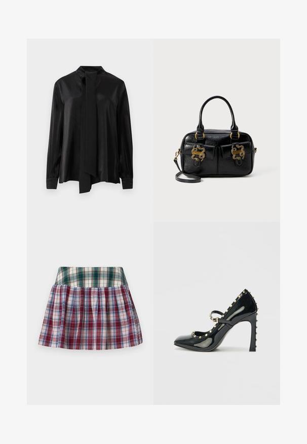 Bluză neagră cu mâneci lungi, guler înalt și cravată lungă atașată, realizată dintr-un material neted, ușor lucios.; Sinead Gorey STRIPED PLEATED MINI SKIRT - Fustă mini - green/red; Sandalete cu toc înalt din piele patent neagră, cu vârf ascuțit, curea pentru gleznă și accente aurii încuiate de-a lungul marginilor.; Geantă de umăr din piele texturată neagră, cu mânere superioare duale, două buzunare frontale și accente de hardware aurii. Include o curea pentru umăr detașabilă.