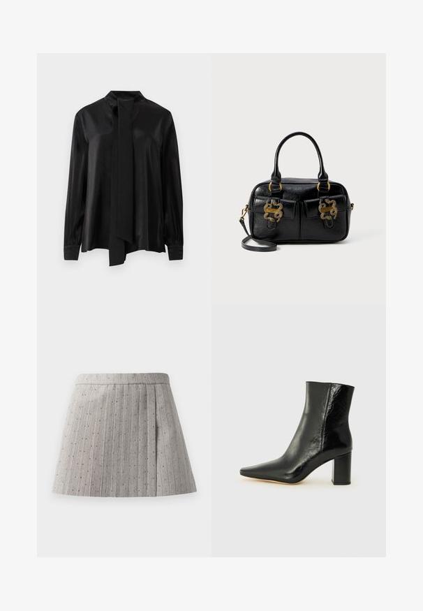 Blusa nera a maniche lunghe con collo alto e sciarpa lunga attaccata, realizzata in un tessuto liscio e leggermente lucido.; Gonna grigia plissé realizzata in tessuto texturizzato, con strisce verticali e piccoli accenti decorativi, uniformemente distribuiti.; Stivale alla caviglia nero in pelle lucida con punta affusolata e tacco squadrato e corposo. Presenta una texture liscia e un design minimalista.; Borsa a tracolla in pelle nera con texture, dotata di doppi manici superiori, due tasche frontali e dettagli in metallo dorato. Include una tracolla removibile.