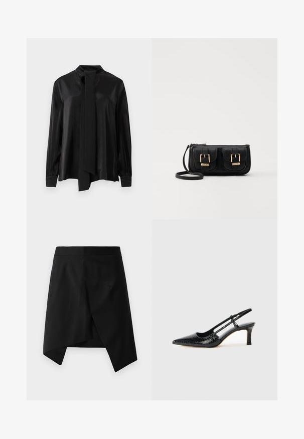 Černá blůza s dlouhým rukávem a vysokým límcem, s připojenou dlouhou šálou, vyrobená z hladkého, mírně lesklého materiálu.; Černá asymetrická sukně s hladkou texturou, která má ostrý trojúhelníkový lem a minimalistický design. Plochý pas, žádné viditelné kovové prvky.; Černé lakované slingback podpatky s špičatou špičkou, zdobené texturovaným hadím vzorem, nastavovacím páskem a krátkým texturovaným blokovým podpatkem.; Černá kožená crossbody taška se dvěma předními kapsami, zlatými přezkami, zipovým uzávěrem a štíhlým popruhem. Texturovaný povrch a kompaktní obdélníkový tvar.