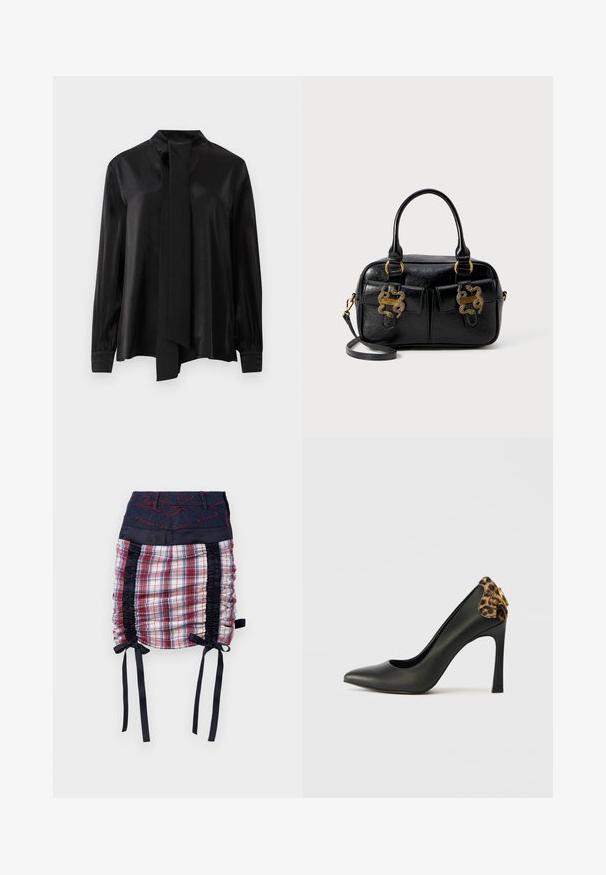 Schwarze Bluse mit langen Ärmeln, hohem Kragen und angehängtem langen Schal, aus glattem, leicht glänzendem Stoff gefertigt.; Karierte Skirt mit Marineblauem Denim-Bund. Verfügt über schwarze Seitenpaneele, Raffungselemente und schwarze Bindebänder am Saum. Rote Nähte setzen Akzente.; Schwarze Leder-Pumps mit hohen Absätzen und spitzem Zehenbereich, versehen mit einem Leopardenmuster-Akzent auf der Rückseite und goldfarbenen Beschlägen am Absatz.; Schwarze, strukturierte Lederhandtasche mit zwei oberen Griffen, zwei Fronttaschen und goldfarbenen Hardware-Akzenten. Verfügt über einen abnehmbaren Schultergurt.