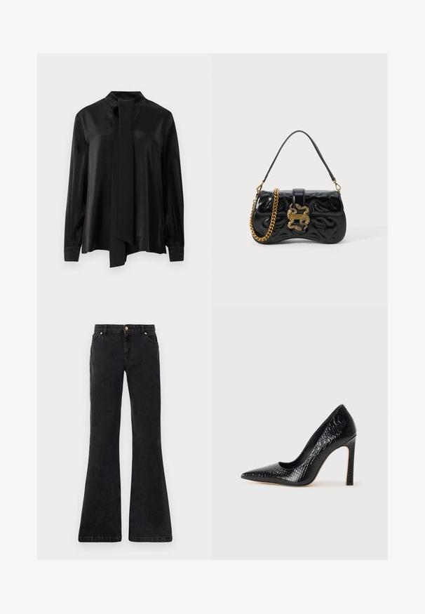 Blusa nera a maniche lunghe con collo alto e sciarpa lunga attaccata, realizzata in un tessuto liscio e leggermente lucido.; Jeans in denim neri a gamba svasata con cinque tasche, chiusura frontale con bottone e cuciture a contrasto. Il tessuto ha una texture liscia.; Scarpa nera con punta a punta alta in pelle di coccodrillo, caratterizzata da un design elegante, alto tacco a spillo e interno nero liscio.; Borsa a mano in finta pelle nera con motivo a onda embossato, tracolla in metallo dorato e una chiusura decorativa a forma di serpente con dettaglio del logo.