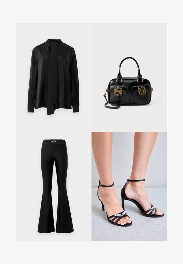 Blusa nera a maniche lunghe con collo alto e sciarpa lunga attaccata, realizzata in un tessuto liscio e leggermente lucido.; Pantaloni neri a campana con una superficie liscia, dotati di vita aderente e di un accento circolare dorato nella parte anteriore. Realizzati in materiale elasticizzato.; Zadig & Voltaire AMEE WING EMBOSSED IGUANA - Sandali con tacco - noir; Borsa a tracolla in pelle nera con texture, dotata di doppi manici superiori, due tasche frontali e dettagli in metallo dorato. Include una tracolla removibile.