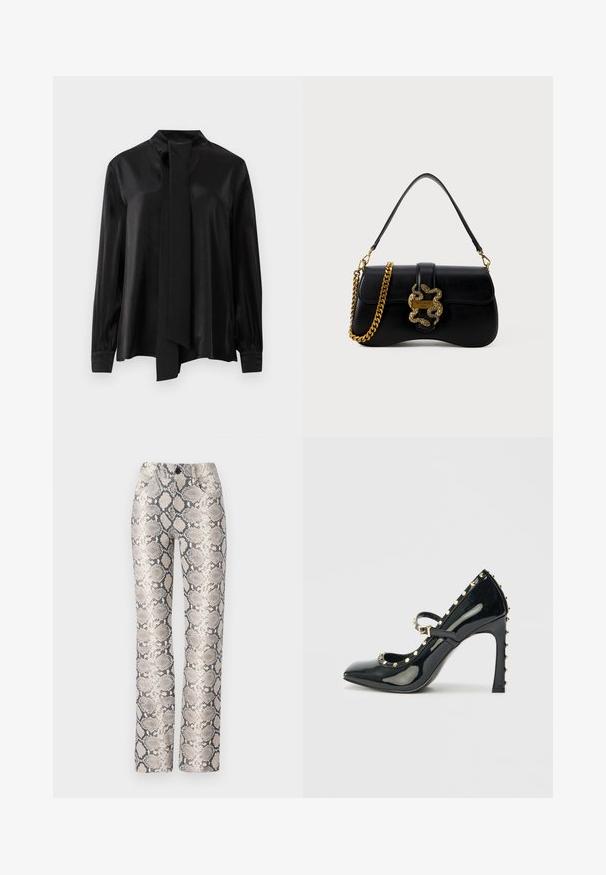 Juodas ilgomis rankovėmis bluzonas su aukštu kaklu ir pritvirtinta ilga skara, pagamintas iš lygios, šiek tiek blizgios medžiagos.; Gyvatės rašto kelnės beigės ir pilkos spalvų schemos. Tiesaus kirpimo, su tekstūruotu paviršiumi ir priekinėmis kišenėmis. Su mygtukų užsegimu.; Juodas patentinis odinis aukštakulnis batelis su smailiu nosiu, kulkšnies dirželiu ir auksiniais studų akcentais aplink kraštus.; Juodas odinis rankinukas su lenkta forma, auksine gyvatės akcentu ir grandinėlės dirželiu. Turi užsegimą su kilpa ir metalinę logotipo plokštelę.