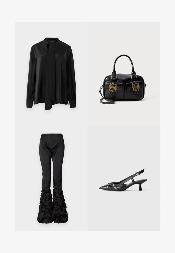 Blouse noire à manches longues avec col haut et écharpe attachée, fabriquée en tissu lisse et légèrement brillant.; AVAVAV PLEATED TROUSER - Pantalon classique - black; Chaussure slingback en cuir noir avec un bout pointu, des sangles décoratives avec œillets en métal et un petit talon carré. Surface texturée.; Sac à main en cuir texturé noir avec deux poignées supérieures, deux poches avant et des accents en métal doré. Il dispose d'une bandoulière amovible.