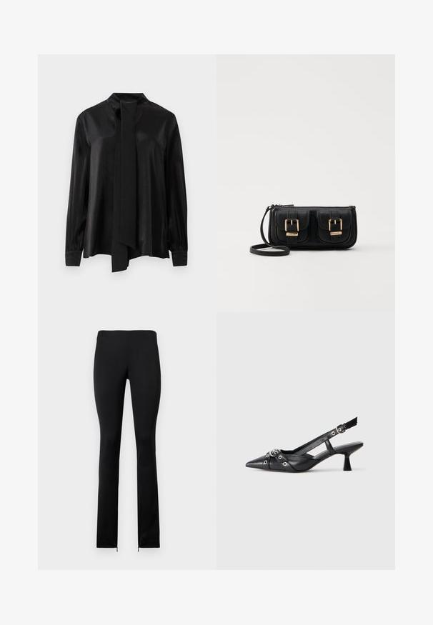 Schwarze Bluse mit langen Ärmeln, hohem Kragen und angehängtem langen Schal, aus glattem, leicht glänzendem Stoff gefertigt.; Schwarze, figurbetonte Leggings mit glatter Textur, ausgestattet mit einer hohen Taille und Reißverschlüssen an den Knöcheln für einfaches An- und Ausziehen. Schlichtes, minimalistisches Design.; Schwarzer Leder-Slingback-Schuh mit spitz zulaufender Zehenpartie, dekorativen Riemen mit METALLÖSEN und niedrigem Blockabsatz. Strukturelle Oberfläche.; Schwarze Leder-Umhängetasche mit zwei vorderen Taschen, goldenen Schnallen, Reißverschluss und einem schmalen Tragegurt. Texturierte Oberfläche und kompakte rechteckige Form.