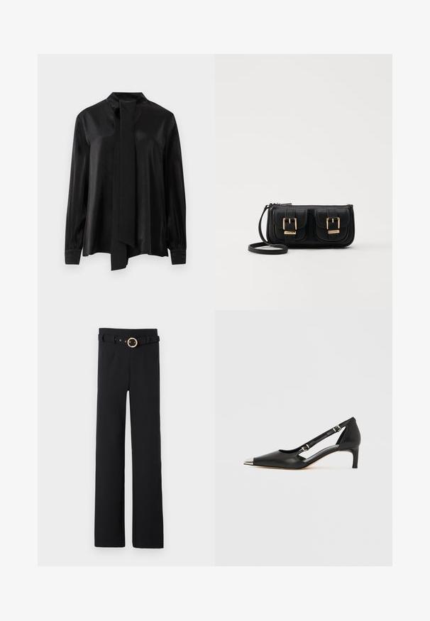 Černá blůza s dlouhým rukávem a vysokým límcem, s připojenou dlouhou šálou, vyrobená z hladkého, mírně lesklého materiálu.; Černé široké kalhoty z texturované látky, s páskem a zlatou kulatou sponou, a bočními kapsami.; Černá kožená botička s nízkým podpatkem, špičatou stříbrnou špičkou a dvěma pásky s přezkami na bílém pozadí.; Černá kožená crossbody taška se dvěma předními kapsami, zlatými přezkami, zipovým uzávěrem a štíhlým popruhem. Texturovaný povrch a kompaktní obdélníkový tvar.