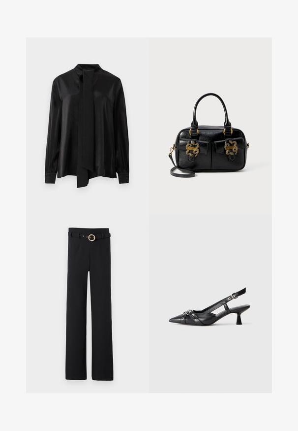 Fekete, hosszú ujjú blúz magas nyakkal és hozzá csatolt hosszú sállal, sima, kissé fényes anyagból.; Fekete, bő szárú nadrág texturált anyagból, övvel ellátott derékkal, arany kör alakú csattal és oldalzsebekkel.; Fekete bőr slingback cipő hegyes orral, dekoratív pántokkal, fém szemekkel és alacsony blokk sarkú. Texturált felület.; Fekete textúrált bőrtáska dupla felső fogantyúkkal, két elülső zsebbel és arany színű fém kiegészítőkkel. Leválasztható vállpánttal rendelkezik.