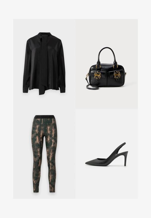 Fekete, hosszú ujjú blúz magas nyakkal és hozzá csatolt hosszú sállal, sima, kissé fényes anyagból.; Szoros, sötétzöld leggingsek kígyóbőr mintával, széles fekete derékpánttal, melyen a márka neve domborítva található.; Fekete bőrszíjjal ellátott magassarkú cipők, hegyes orral, elöl kivágott dizájnnal és vékony stiletto sarkakkal.; Fekete textúrált bőrtáska dupla felső fogantyúkkal, két elülső zsebbel és arany színű fém kiegészítőkkel. Leválasztható vállpánttal rendelkezik.