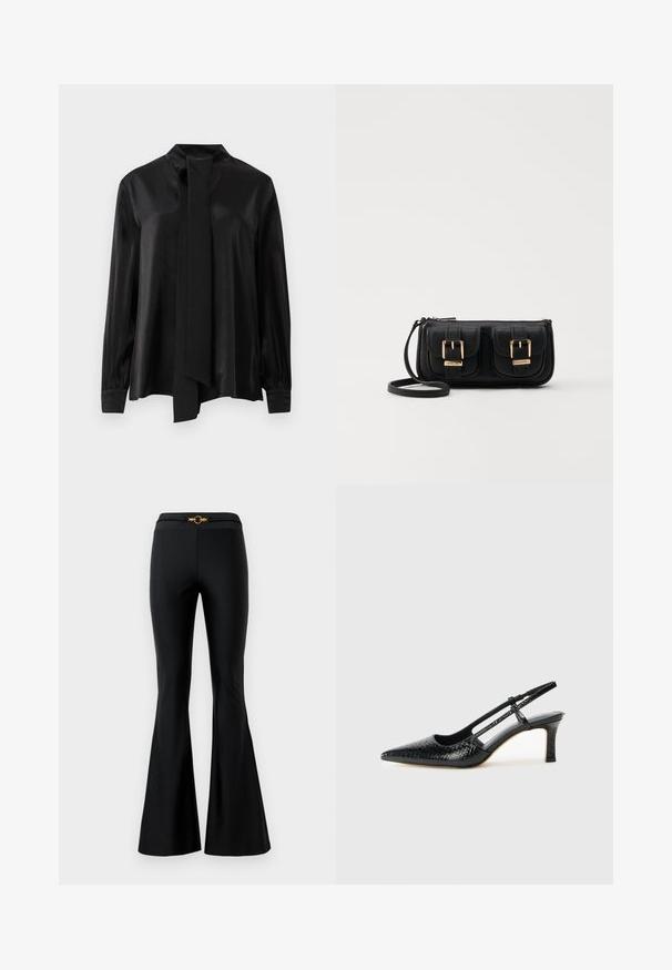 Juodas ilgomis rankovėmis bluzonas su aukštu kaklu ir pritvirtinta ilga skara, pagamintas iš lygios, šiek tiek blizgios medžiagos.; Juodos išsiplėtusios kelnės su lygiu paviršiumi, turinčios prigludusią juosmenį ir auksinę apvalią įdėklą priekyje. Pagamintos iš elastingos medžiagos.; Juodai lakuoti slingback aukštakulniai su smailiu nosiu, su tekstūruotu gyvatės raštu, reguliuojama juosta ir trumpu, tekstūruotu blokiniu kulnu.; Juodas odinis per petį nešiojamas krepšys su dviem priekiniais kišenėmis, auksiniais sagtimis, užtrauktuko uždarymu ir siauromis petnešomis. Textūruota paviršius ir kompaktiškas stačiakampis formatas.