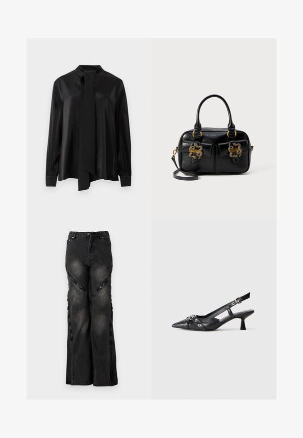 Blusa nera a maniche lunghe con collo alto e sciarpa lunga attaccata, realizzata in un tessuto liscio e leggermente lucido.; Jeans in denim nero con un taglio a gamba larga, caratterizzati da dettagli in catena lungo le cuciture laterali e una chiusura a bottone e zip in vita.; Scarpa slingback nera in pelle con punta affusolata, cinturini decorativi con occhielli metallici e tacco basso a blocco. Superficie testurizzata.; Borsa a tracolla in pelle nera con texture, dotata di doppi manici superiori, due tasche frontali e dettagli in metallo dorato. Include una tracolla removibile.