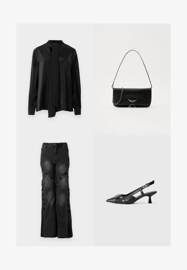 Sort langærmet bluse med høj hals og tilhørende lang tørklæde-agtig snor, lavet af glat, let skinnende stof.; Sorte denimjeans med en vid benudskæring, der har kædeaccentuer langs sidesømmene og en knap- og lynlåslukning i taljen.; Sort lædersandal med spids tå, dekorative stropper med metaløjer og en lav blokhæl. Struktureret overflade.; Sort læderhåndtaske med en sølv kædestrop, der har dekorative vingedetaljer og hvid syning langs bunden.