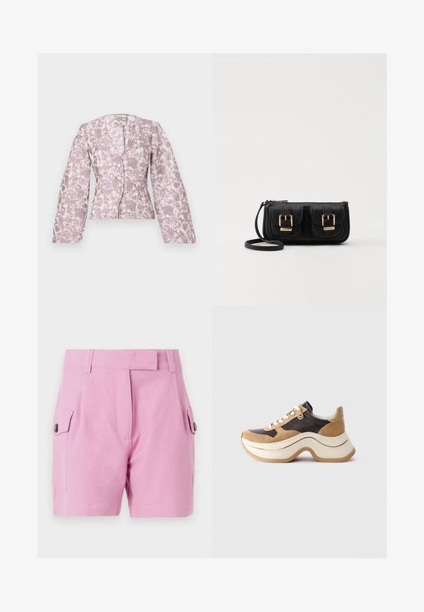 Baum und Pferdgarten MILLIE - Bluse - golden/purple; Lyserøde shorts med skræddersyet design, flad front, sidelommer med knaplukninger og en glat stofstruktur.; Chunky sål sneakers i beige og mørkebrune nuancer med ruskindsdetaljer, hvide snørebånd og en lille gul MK charm på siden.; Sort læder crossbody taske med to frontlommer, guldspænder, lynlåslukning og en slank rem. Struktureret overflade og kompakt rektangulær form.