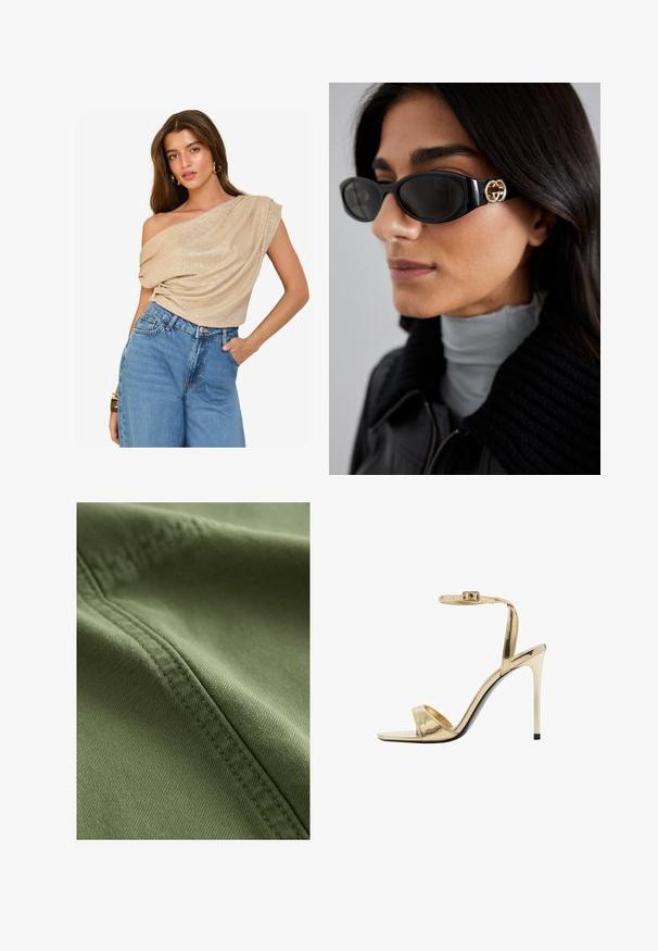 Bež bluzica s otkritim ramenima, od padajuće tkanine s blagim sjajem; u kombinaciji s visokim trapericama u svijetloplavoj boji. Glatka tekstura, opušteni kroj.; Next Kratke hlače od trapera - khaki green; Metalne zlatne sandale na visokom potplatu s remenom oko gležnja, otvorenog vrha, sjajnog finiša i vitkim stiletto potplatom. Crno dno kao akcent.; Crne sunčane naočale sa elegantnim pravokutnim okvirom i zlatnim logotipom na strani. Tamna stakla i sjajni finiš su istaknuti.
