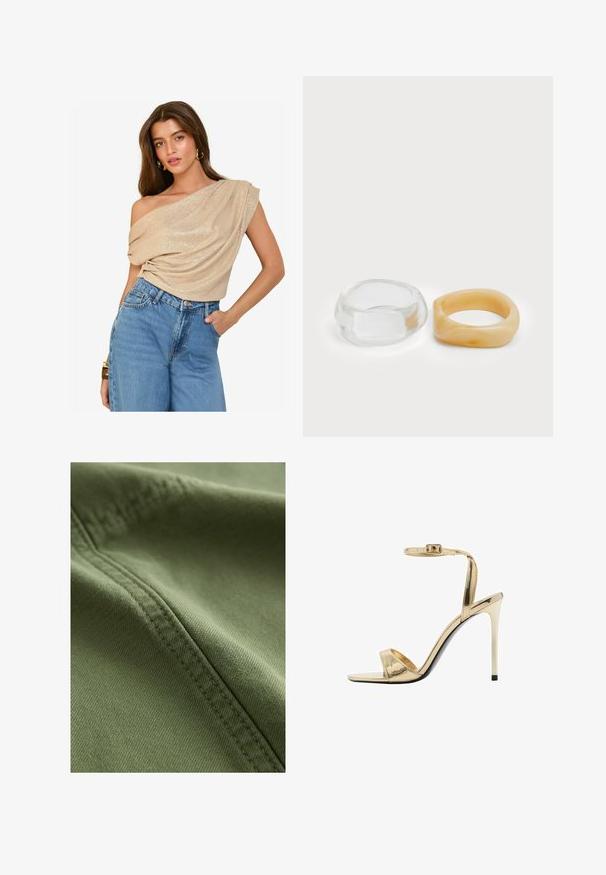 Top beige con spalline scoperte, realizzato in tessuto drappeggiato e con una leggera lucentezza; abbinato a jeans in denim chiaro a vita alta. Texture liscia, vestibilità comoda.; Next Shorts di jeans - khaki green; Sandal con tacco alto in oro metallico, con cinturino alla caviglia, design con punta aperta, finitura lucida e tacco a stiletto sottile. Accentatura nera sulla suola.; Anelli in resina trasparente e ambra, uno liscio e trasparente, l'altro con una finitura testurizzata in ambra. Entrambi presentano un design rotondo e corposo.