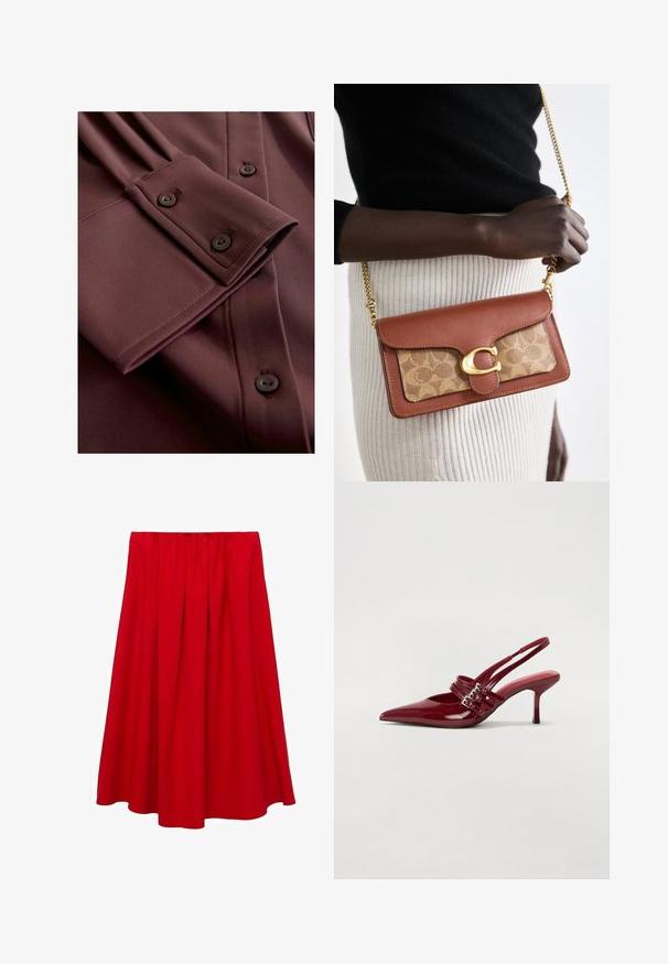 Bordowa koszula z długim rękawem o gładkiej fakturze. Posiada złożony mankiet, detale z guzikami oraz subtelne zakładki na rękawie.; Czerwona spódnica do kolan z marszczonym pasem i luźnym krojem w literę A. Wykonana z gładkiego materiału bez widocznych wzorów czy akcentów.; Czerwone lakierowane czółenka na klocku z zaokrąglonym noskiem, dwoma paskami z klamrami oraz smukłym, średniej wysokości obcasem w stylu stiletto. Gładka tekstura.; Brązowa skórzana torebka crossbody w kolorze tan z monogramem, z zapięciem w kształcie złotego C i łańcuszkowym paskiem, o gładkiej fakturze i wyraźnie zarysowanym kształcie.
