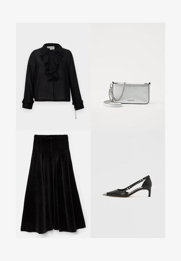 Mustakasta pitkähihaista paitaa, jossa on röyhelöitä edessä, nauhaliina kaula-aukko ja röyhelöillä varustetut hihansuut, esitelty valkoista taustaa vasten.; Mustat samettiset A-linjaiset hameet, joissa on sileä rakenne, laskostettu muotoilu ja piilovetoketju takana. Keskipitkä ja valuva siluetti.; Musta nahkainen matalakorkoinen kenkä, jossa on terävä hopeinen kärki ja kaksinkertaiset solkisilmukat valkoisella taustalla.; Hopeinen nahkainen olkalaukku, jossa on tekstuuri, ketju- ja hihnapainatukset sekä vetoketjukiinnitys. Edessä on logo.