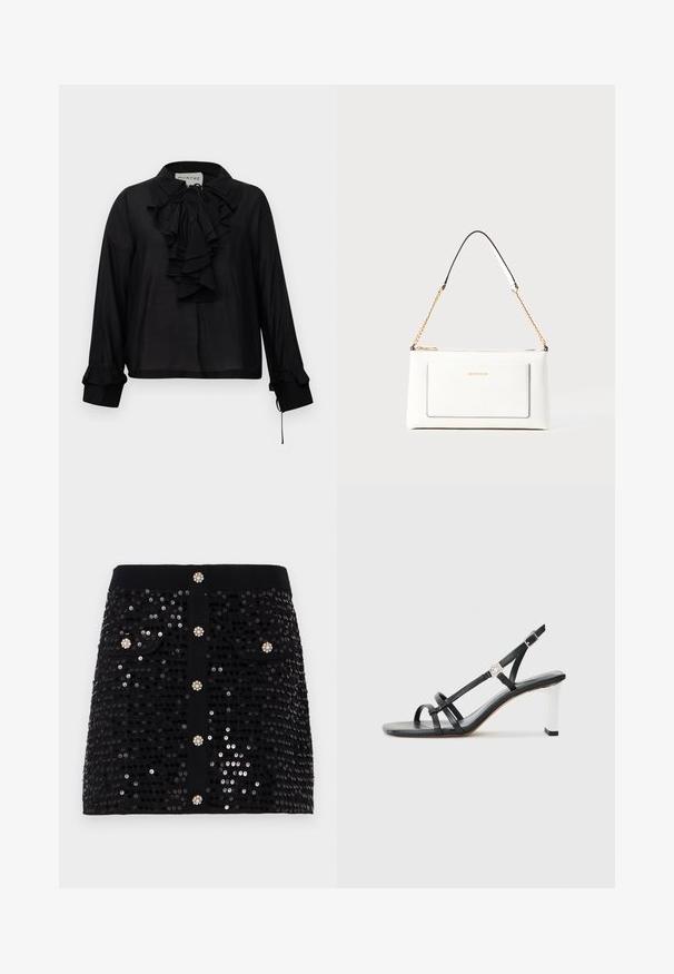 Czarna bluzka z długim rękawem z falbaniastym przodem, wiązaniem przy dekolcie i falbaniastymi mankietami, wyeksponowana na białym tle.; Czarna spódnica z cekinami, o dopasowanym kroju, z dwiema przednimi kieszeniami i dekoracyjnymi guzikami z akcentami w postaci kamieni szlachetnych. Gładka tekstura na całej powierzchni.; Czarne sandały na obcasie z wieloma wąskimi paskami, z elastycznym zapięciem na pięcie i srebrnym akcentem na obcasie. Gładki materiał wierzchni i kwadratowy obcas.; Biała skórzana torebka o teksturowanym wykończeniu, z złotą łańcuszkową rączką i czarnymi akcentami. Zawiera przednią kieszeń oraz zamek błyskawiczny.