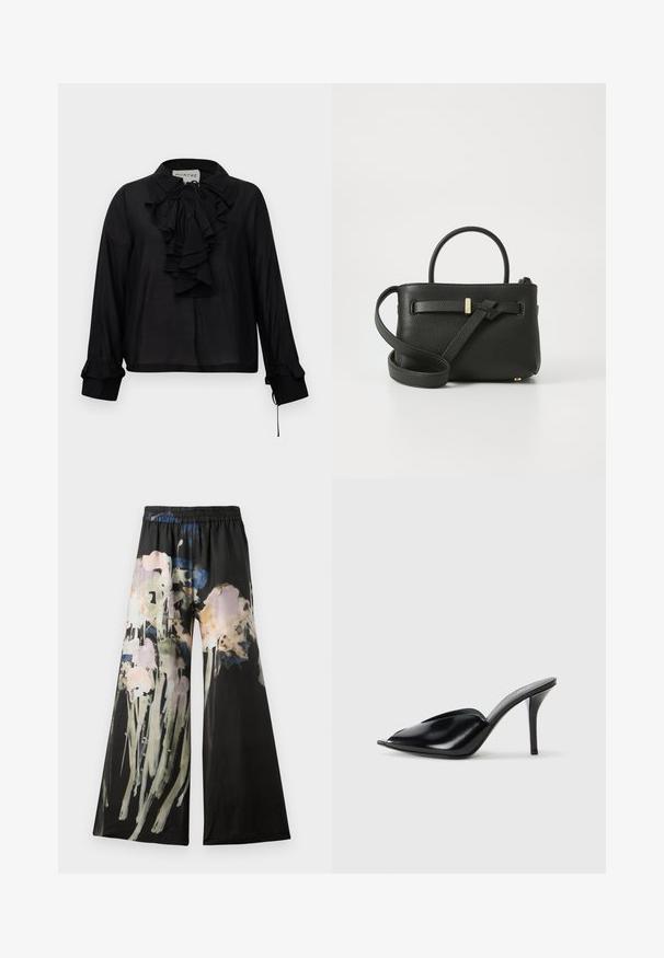Zwarte blouse met lange mouwen, voorzien van een gerimpelde voorkant, striksluiting en gerimpelde manchetten, tentoongesteld tegen een witte achtergrond.; Zwarte wijde broek van stof met een aquarel bloemendessin in roze, blauw en groene tinten; elastische tailleband voor comfort.; Zwarte leren muiltjes met hoge hakken, open teen, spitse vorm, gladde textuur en een slanke stiletto-hak.; Zwarte leren handtas met een textuurafwerking, bovenhandvatten en een lange verstelbare schouderband. Voorzien van een gouden hardware accent aan de voorkant.