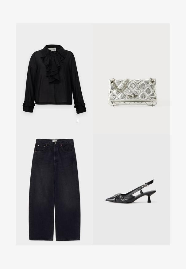Zwarte blouse met lange mouwen, voorzien van een gerimpelde voorkant, striksluiting en gerimpelde manchetten, tentoongesteld tegen een witte achtergrond.; Agolde LOW CURVE - Relaxed fit jeans - black tar; Zwarte leren slingback schoen met een puntige neus, decoratieve banden met metalen oogjes en een lage blokhak. Textuur oppervlak.; Zilverkleurige metalen handtas met kettinghandgreep, gequiltte textuur, decoratieve stiksels en een ritssluiting. Kenmerkt gegraveerde accenten aan de voorkant.
