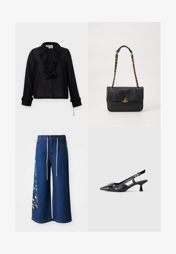 Black long-sleeve blouse with ruffled front, tie neckline, and ruffled cuffs, displayed against a white background.; Wide-leg denim trousers in dark blue with floral embroidery detail on the left leg. Features a drawstring waist and classic five-pocket design.; Black leather slingback shoe with a pointed toe, decorative straps featuring metal eyelets, and a low block heel. Textured surface.; Black leather handbag with a fold-over flap, gold-tone chain strap, and logo hardware detail on the front. Smooth texture.