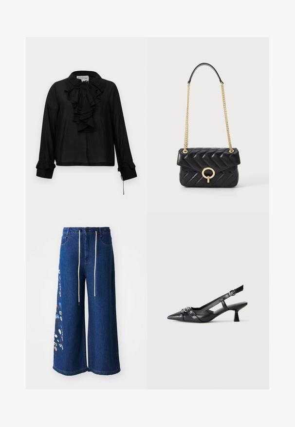 Fekete, hosszú ujjú blúz, fodros elejével, megkötős nyakkal és fodros mandzsettával, fehér háttér előtt.; Sötétkék, bő szabású farmernadrág virágos hímzéssel a bal lábon. A dereka állítható zsinórral készült, klasszikus öt zsebes dizájnnal rendelkezik.; Fekete bőr slingback cipő hegyes orral, dekoratív pántokkal, fém szemekkel és alacsony blokk sarkú. Texturált felület.; Fekete steppelt bőr kézitáska arany lánccal, lekerekített arany fémzárral és fedélzárral. Kompakt téglalap alakú.