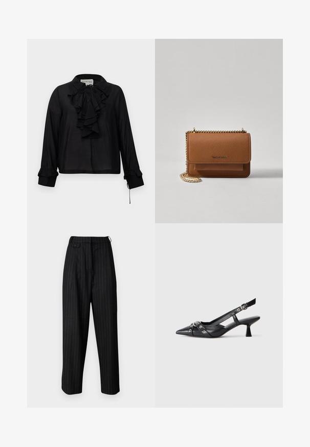 Czarna bluzka z długim rękawem z falbaniastym przodem, wiązaniem przy dekolcie i falbaniastymi mankietami, wyeksponowana na białym tle.; Czarne, wysokiej talii spodnie z białymi prążkami, z zakładkami, zapięciem na guzik i luźnym krojem. Wykonane z gładkiego materiału.; Czarne skórzane buty typu slingback z ostrym noskiem, ozdobnymi paskami z metalowymi oczkami oraz niskim klinowym obcasem. Teksturowana powierzchnia.; Brązowa skórzana torba na ramię z teksturą, z złotym łańcuszkiem i zapięciem na klapkę. Z przodu znajduje się detal z logo oraz kieszeń pod klapką.