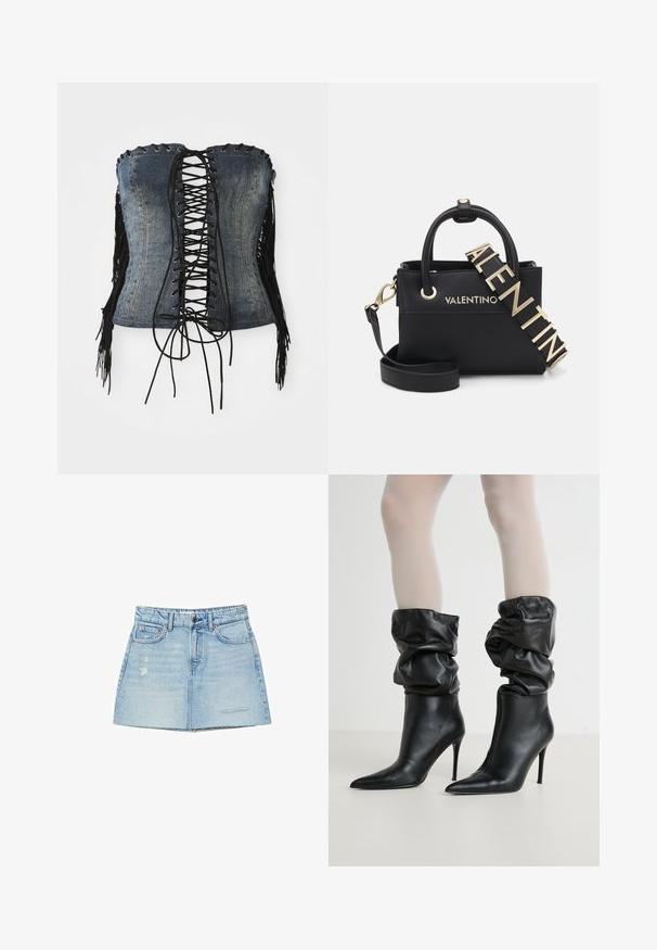 Corset ilman hihnoja, valmistettu denimmateriaaleista, jossa on mustat nauhat edessä, hopeiset silmäkappaleet ja mustat morsettikoristeet sivuilla. Omaaa rakenteellisesti muotoillun istuvuuden ja kuluneen pinnan.; Vaaleansininen farkkuhame, jossa on lievä A-linjainen muoto, repaleinen helma ja haalistuneet yksityiskohdat. Sisältää vyölenkit ja etutaskut.; Mustat nahkasaappaat nilkkapituisella, löysällä muotoilulla, teräväkärkisillä ja korkeilla stilettokoroilla, joissa on pehmeä, teksturoitu pinta varren ympärillä.; Mustakkat tekstiilipintaiset nahkalaukku kultaisilla yksityiskohdilla, kaksilla kahvoilla ja irrotettavalla olkahihnalla, jossa on kohokuviolla varustettu brändinimi.