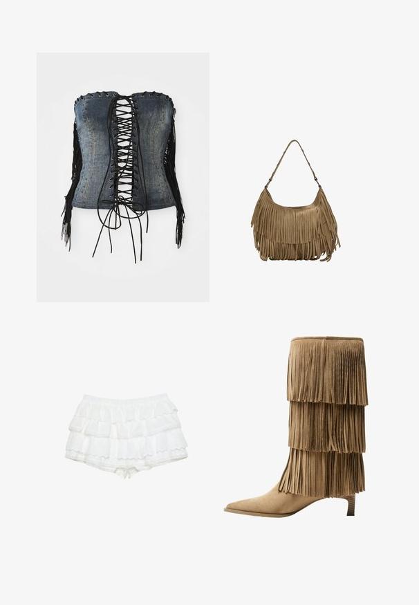 Corpetto in denim senza spalline con laccatura nera frontale, occhielli argentati e frange nere sui lati. Caratterizzato da una vestibilità strutturata e una texture invecchiata.; Pantaloni corti bianchi con tre strati arricciati, realizzati in un tessuto leggero con dettagli in eyelet. Vita elastica, bordi a onde.; Stivale alla caviglia in suede color ocra con tre strati di frange. Punta affusolata e tacco basso a blocco. Texture liscia su tutta la superficie.; Borsa a tracolla in suede marrone con lunghi dettagli in frange, forma curva e una singola tracolla. Presenta una superficie liscia e testurizzata.; Collana choker in rete dorata con un design piatto e flessibile. Presenta un'estensione a catena per una lunghezza regolabile. Texture liscia, look minimalista.