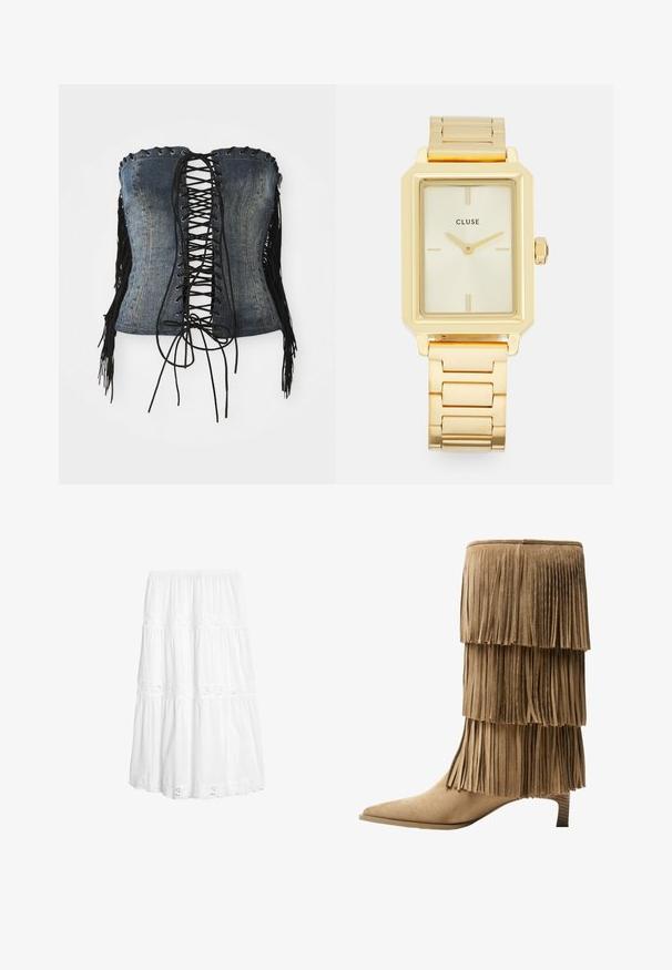 Corpetto in denim senza spalline con laccatura nera frontale, occhielli argentati e frange nere sui lati. Caratterizzato da una vestibilità strutturata e una texture invecchiata.; Gonna bianca a strati realizzata in tessuto leggero. Presenta dettagli in pizzo e una vita elastica. Design fluido con un taglio di lunghezza media.; Stivale alla caviglia in suede color ocra con tre strati di frange. Punta affusolata e tacco basso a blocco. Texture liscia su tutta la superficie.; Orologio da polso rettangolare dorato con design minimalista, caratterizzato da un quadrante crema, lancette dorate e un bracciale a maglie metalliche. Le indicazioni includono il nome del marchio.