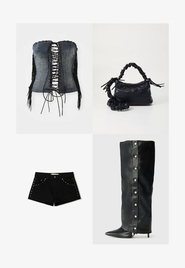 Denim, pánt nélküli korzet, fekete fűzős elejével, ezüst szemekkel és fekete bojtokkal az oldalán. Strukturált illeszkedéssel és kopottas textúrával rendelkezik.; Fekete farmer rövidnadrág gombos záródással, fém szegecsekkel az elülső zsebeknél és az oldalsó varrásoknál. Rövid szabás és klasszikus fazon.; Fekete bőr, magas sarkú csizmák, amelyek illeszkedő kialakítással, hegyes orral és ezüst színű patentgombokkal rendelkeznek az oldalukon.; Fekete műbőr kézi táska krokodil bőr textúrával, összehúzható tetejű és gyűrt pánttal. Lágy és kompakt dizájnúnak tűnik.