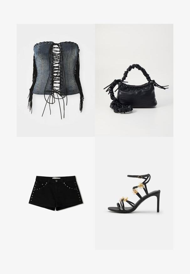 Džínová korzetová top s odhalenými ramenami, čiernym šnurovaním vpredu, striebornými očkami a čiernymi strapcami po stranách. Má štruktúrovaný strih a poškodenú textúru.; Čierne riflové šortky s gombíkovým zapínaním, ktoré majú kovové cvočky na predných vreckách a bočných švoch. Krátka dĺžka a klasický strih.; Čierne sandále na vysokom opätku s tenkými remienkami, jemnými zlatými kvetinovými akcentmi a hladkou textúrou; majú sponu na remienku okolo členku.; Čierna umelá kožená kabelka s kroko vzorom, sťahovaným vrchom a zhnutým popruhom. Vyzerá mäkko a kompaktné v dizajne.