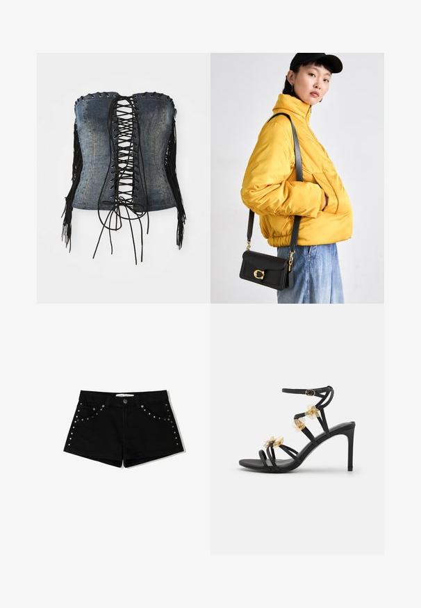 Džínový korzet bez ramínek s černým šněrováním vpředu, stříbrnými očky a černými třásněmi na bocích. Obsahuje strukturovaný střih a distressed texturu.; Černé džíny šortky s zapínáním na knoflík, které mají na předních kapsách a bočních švech zdobení hroty. Krátká délka a klasický střih.; Černé sandály na vysokém podpatku se zavazováním s jemnými zlatými květinovými akcenty a hladkou texturou; mají přezku na kotníkovém pásku.; Žlutá vyteplená bunda s vysokým límcem a přední kapsou, doplněná černou kabelkou přes rameno se zlatými detaily. K tomu casual džíny.