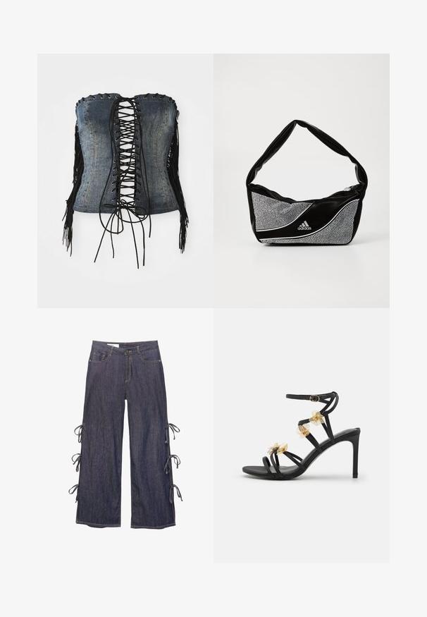 Corset sans bretelles en denim avec un devant lacé noir, œillets en argent et accents de franges noires sur les côtés. Présente une coupe structurée et une texture vieillie.; Pantalon en denim à jambes larges de couleur bleu foncé avec des liens latéraux et un fermeture à bouton. Comprend des poches avant et une silhouette décontractée.; Sandale à talons hauts noire avec des fines lanières et de délicats accents de fleurs dorées, texture élégante ; elle dispose d'une fermeture à boucle sur la lanière de la cheville.; Sac à main adidas noir et argent avec une texture lisse, présentant un motif de clous brillants et un design courbé distinctif.