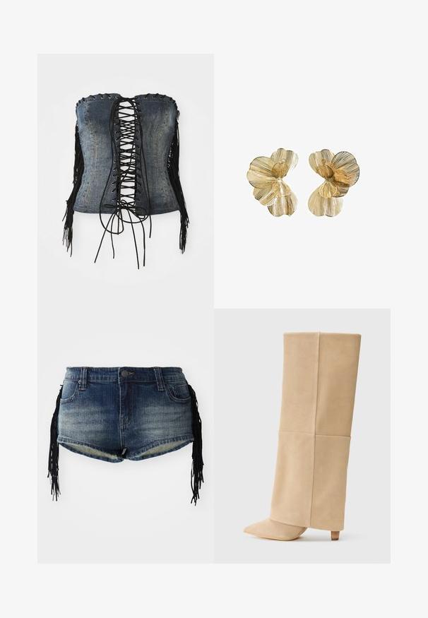 Džínový korzet bez ramínek s černým šněrováním vpředu, stříbrnými očky a černými třásněmi na bocích. Obsahuje strukturovaný střih a distressed texturu.; Džínové šortky v modrém gradientu s roztrhaným lemem a černými třásněmi na bocích, s předními kapsami a pasem.; Krémové semišové boty na vysokém podpatku s špičatou špičkou a zúženým designem, s hladkou texturou a vertikálním švem.; Náušnice ve tvaru květiny zlaté barvy se vrstvami okvětních lístků, s texturovaným povrchem a centrálním korálkem.