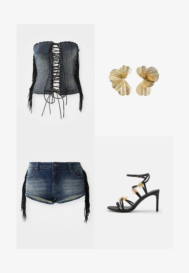 Denim trägerloses Korsett mit schwarzem Schnürverschluss, silbernen Ösen und schwarzen Fransenakzenten an den Seiten. Verfügt über eine strukturierte Passform und eine distressed Textur.; Denim-Shorts in einem verlaufenden blauen Waschung mit ausgefranstem Saum und schwarzen Fransenverzierungen an den Seiten, mit Fronttaschen und einem Bund.; Schwarze, riemchen Sandalen mit hohen Absätzen, zarten goldenen Blumenakzenten und glatter Textur; verfügt über einen Schnallenverschluss am Knöchelriemen.; Goldfarbene blumenförmige Ohrringe mit geschichteten Blütenblättern, die eine strukturierte Oberfläche und ein zentrales Perlendetail aufweisen.