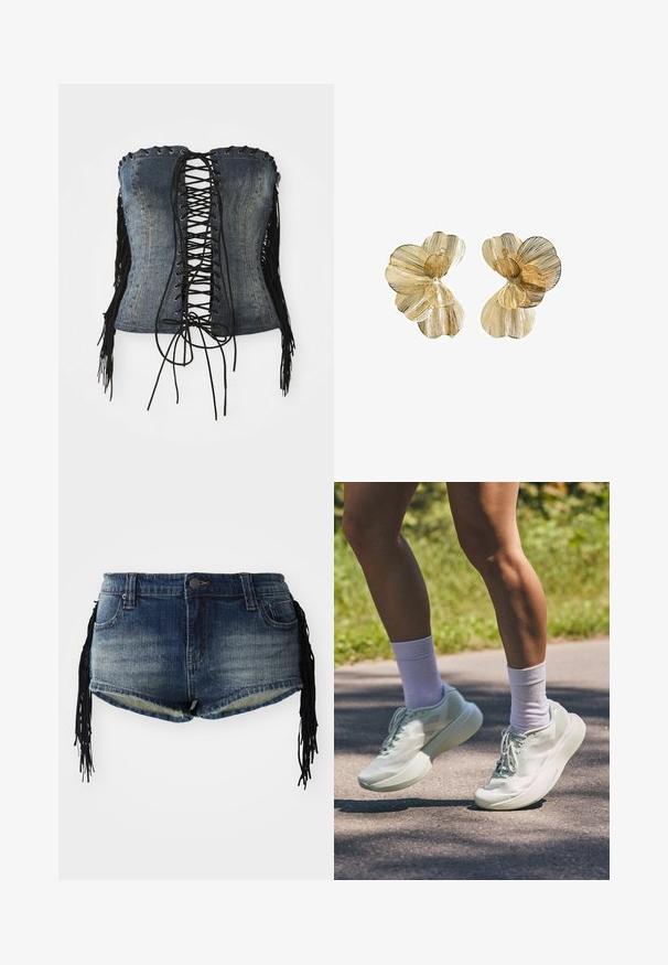 Denim trägerloses Korsett mit schwarzem Schnürverschluss, silbernen Ösen und schwarzen Fransenakzenten an den Seiten. Verfügt über eine strukturierte Passform und eine distressed Textur.; Denim-Shorts in einem verlaufenden blauen Waschung mit ausgefranstem Saum und schwarzen Fransenverzierungen an den Seiten, mit Fronttaschen und einem Bund.; Helle mintgrüne Sportschuhe mit glatter Textur, abgerundeter Zehenpartie und dicker Sohle. Kombiniert mit weißen Knöchelsocken, die in Bewegung auf einem Weg gezeigt werden.; Goldfarbene blumenförmige Ohrringe mit geschichteten Blütenblättern, die eine strukturierte Oberfläche und ein zentrales Perlendetail aufweisen.