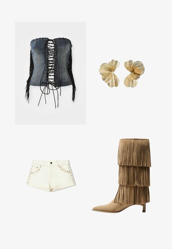 Traperasti korzet bez naramenica s crnim vezanjem sprijeda, srebrnim rupicama i crnim resicama s bočnih strana. Ima strukturiran kroj i izlizani izgled.; Bershka Kratke hlače - white; Kratka čizma od tan sueda s tri sloja rese. Oštri vrh i niska blok peta. Glatka tekstura kroz cijelu čizmu.; Naušnice u obliku cvijeta zlatne boje s višeslojnim laticama, s teksturiranom površinom i centralnim detaljem u obliku perle.