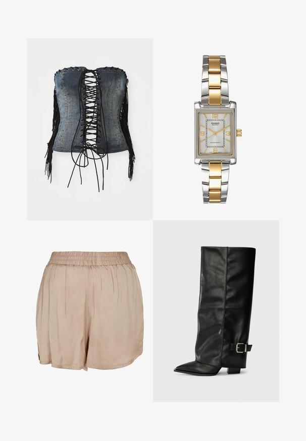 Denimowy gorset bez ramiączek z czarnym sznurowaniem z przodu, srebrnymi oczkami i czarnymi frędzlami po bokach. Posiada dopasowany krój i postarzany wygląd.; Beżowe, lekkie szorty z tkaniny z elastycznym paskiem w talii i luźnym krojem, charakteryzujące się gładką teksturą i zaokrąglonym dołem.; Czarne skórzane botki do kostek z ostrym noskiem, gładką fakturą i srebrnym zapięciem z boku. Gruby kwadratowy obcas.; Zegarek kwarcowy Casio z prostokątną srebrną tarczą, złotymi akcentami oraz dwukolorową bransoletą metalową w srebrnym i złotym kolorze. Wodoszczelny.