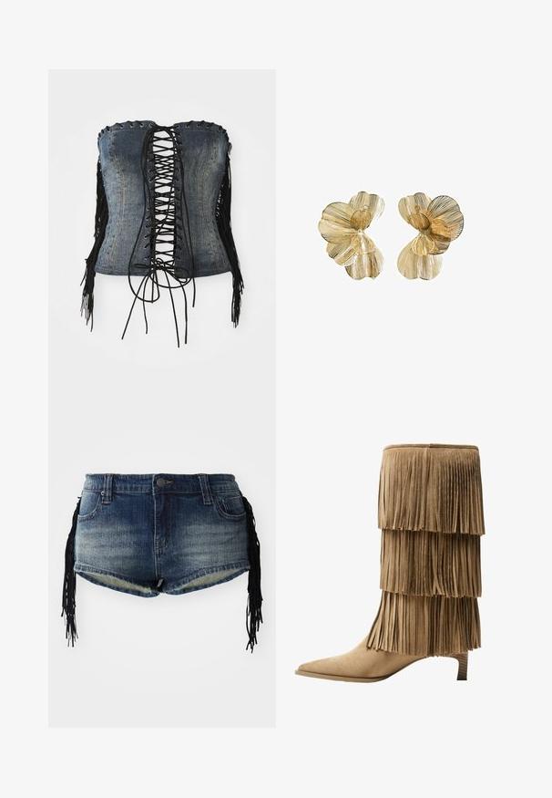 Traperasti korzet bez naramenica s crnim vezanjem sprijeda, srebrnim rupicama i crnim resicama s bočnih strana. Ima strukturiran kroj i izlizani izgled.; Traper šortsevi u gradijentnom plavom pranju s poderanim rubom i crnim resicama kao ukrasima sa strane, s prednjim džepovima i pojasom.; Kratka čizma od tan sueda s tri sloja rese. Oštri vrh i niska blok peta. Glatka tekstura kroz cijelu čizmu.; Naušnice u obliku cvijeta zlatne boje s višeslojnim laticama, s teksturiranom površinom i centralnim detaljem u obliku perle.