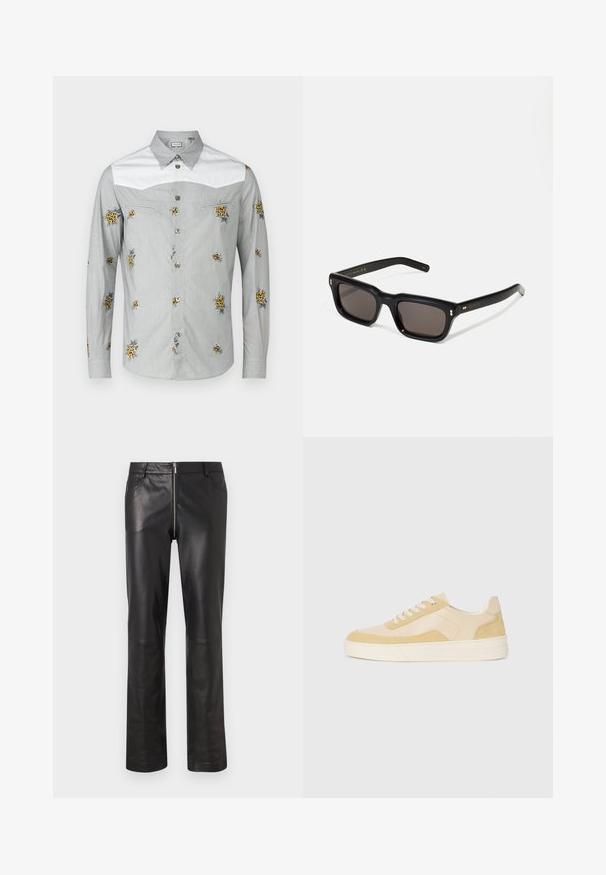 Dlhý rukáv košele svetlosivej farby s bielym yoke, so žltou kvetinovou výšivkou a striebornými gombíkmi. Jemná tkanina s hladkou textúrou.; Čierne kožené nohavice s úzkym strihom, rovnými nohavicami a predným zipsom, dvoma přednými vreckami a hladkým, lesklým povrchom.; Tenisky z jemnej žltej semišovej a koženej látky, s polstrovanou podrážkou a prešitými akcentmi. Klasický dizajn na šnurovanie s okrúhlou špičkou.; Čierne obdĺžnikové slnečné okuliare s tmavými sklami, hrubým plastovým rámom, zlatými detailami na spánkoch a vygravírovaným logom značky na ramene.