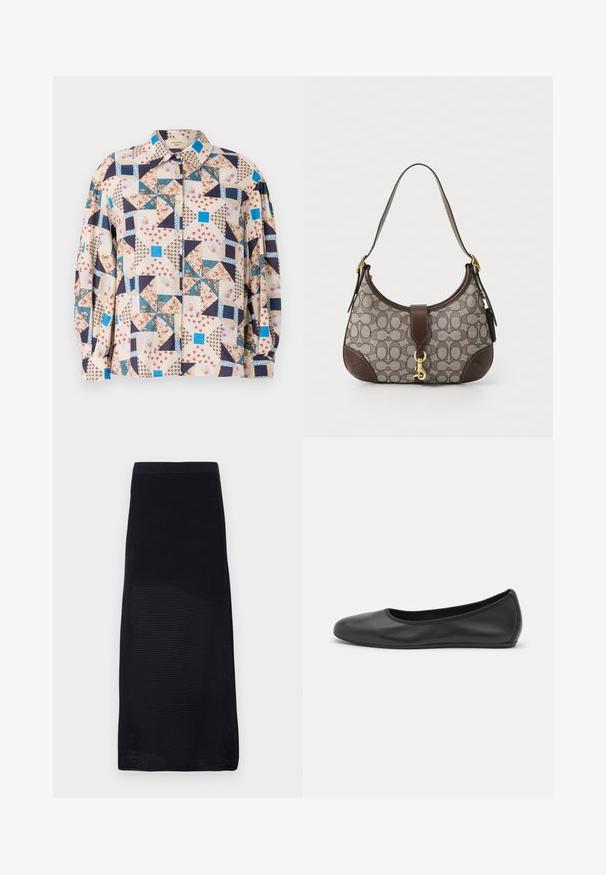 Nuppudega särk, millel on plokkdisain koos lillede ja geomeetriliste mustritega beeži, sinise, tumesinise ja punase toonides; pikad varrukad.; Mustvalge midi seelik, mis on valmistatud tekstureeritud võrgumaterjalist, painduva vöökohaga ja sirge lõikega, ühtlase värviga ja ilma mustriteta.; Musthave mustika tantsutossud mustast nahast, ümmarguse varbaga, siledast tekstuurist, minimaalse õmblusdetailiga ja paindliku tallakujundusega.; COACH HAMPTONS HOBO BAG IN SIGNATURE JACQUARD - Käekott - oak maple