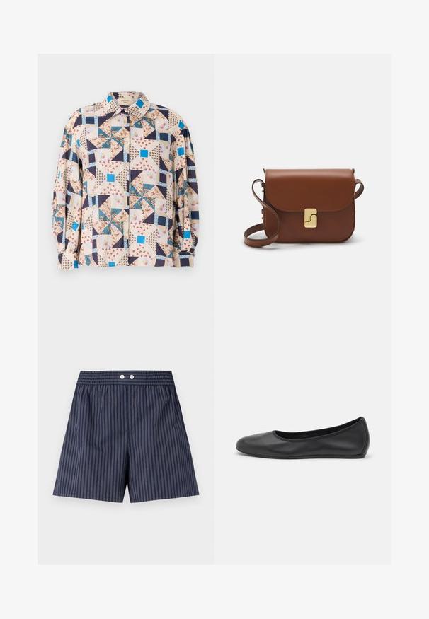 Button-up shirt featuring a patchwork design with floral and geometric patterns in beige, blue, navy, and red tones; long sleeves.; Navy blue striped shorts with an elastic waistband, featuring two white buttons at the front, made from lightweight fabric.; Black leather ballet flat with a rounded toe, smooth texture, minimal stitching detail, and a flexible sole design.; Brown leather handbag with a flap closure, gold-tone hardware, a shoulder strap, and a smooth texture. Compact rectangular shape.