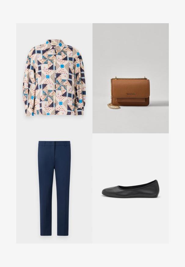 Button-up shirt featuring a patchwork design with floral and geometric patterns in beige, blue, navy, and red tones; long sleeves.; Navy trousers made of woven fabric, featuring a flat front, belt loops, and a tailored fit. No visible patterns or accents.; Black leather ballet flat with a rounded toe, smooth texture, minimal stitching detail, and a flexible sole design.; Brown textured leather crossbody bag with gold chain strap and flap closure. Front features logo detail and a pocket under the flap.