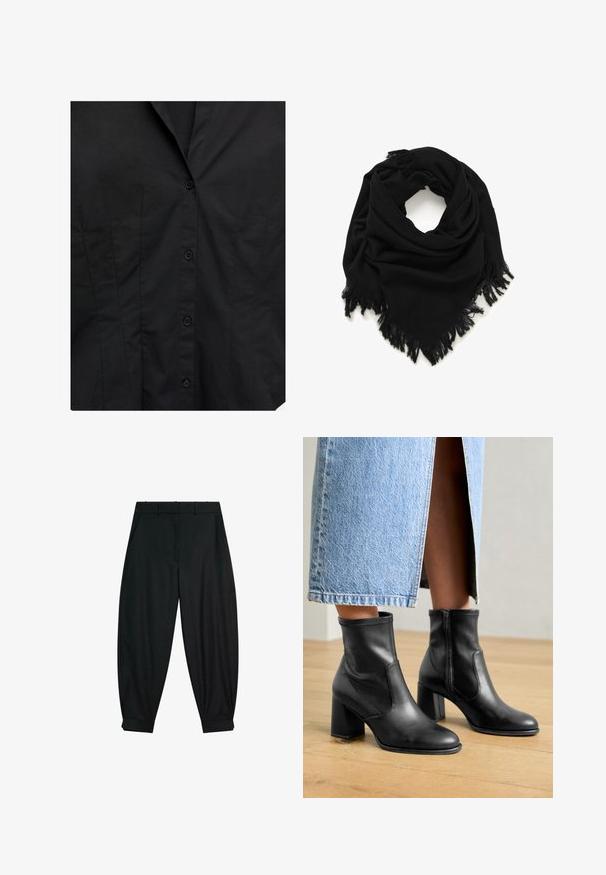 Zwarte aansluitende shirt voorkant met knoopsluiting en subtiele verticale naad details op een effen stof achtergrond.; Zwarte, op maat gemaakte broeken met een gladde textuur, voorzien van een knoop tailleband, twee zijzakken en opgerolde zomen voor een taps toelopende pasvorm.; Zwarte leren enkelboots met een blokhak, voorzien van zij-elastische panelen en een gladde afwerking, gedragen met een lichtblauwe spijkerrok.; Zwarte sjaal van zachte stof, met een driehoekig ontwerp en fringes aan de randen. Het oppervlak is glad, zonder patronen of versieringen.; Zwarte metalen ketting met verlengde schakels, een centrale druppelaccent en een ronde hanger aan het einde, alles in een matte afwerking.