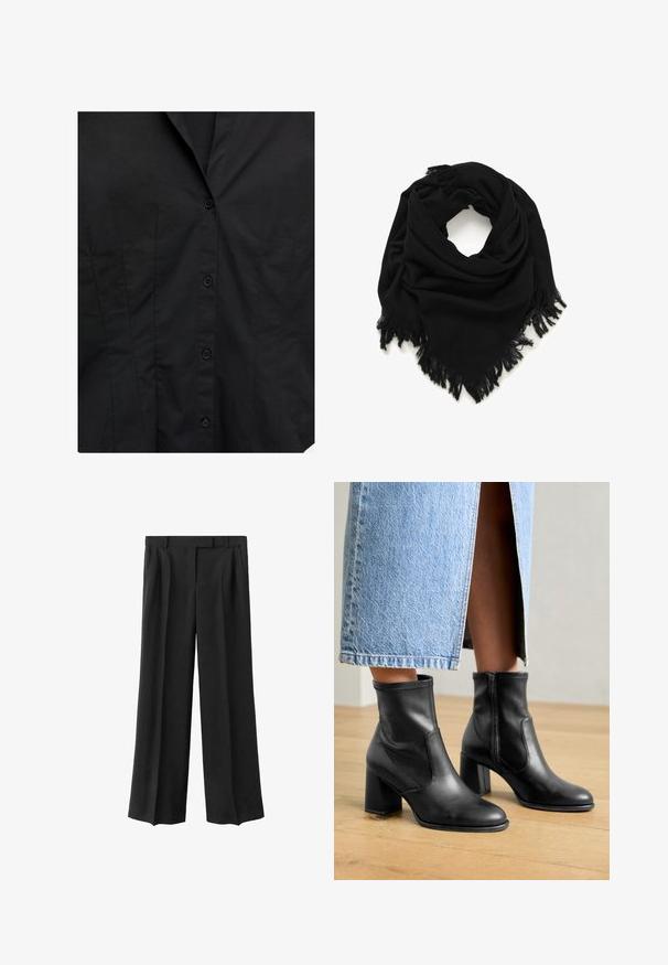 Zwarte aansluitende shirt voorkant met knoopsluiting en subtiele verticale naad details op een effen stof achtergrond.; Zwarte wijde broek met een gladde stof, voorpleatsen en twee zijzakken. Minimalistisch ontwerp met een op maat gemaakt tailleband.; Zwarte leren enkelboots met een blokhak, voorzien van zij-elastische panelen en een gladde afwerking, gedragen met een lichtblauwe spijkerrok.; Zwarte sjaal van zachte stof, met een driehoekig ontwerp en fringes aan de randen. Het oppervlak is glad, zonder patronen of versieringen.; Zwarte metalen ketting met verlengde schakels, een centrale druppelaccent en een ronde hanger aan het einde, alles in een matte afwerking.