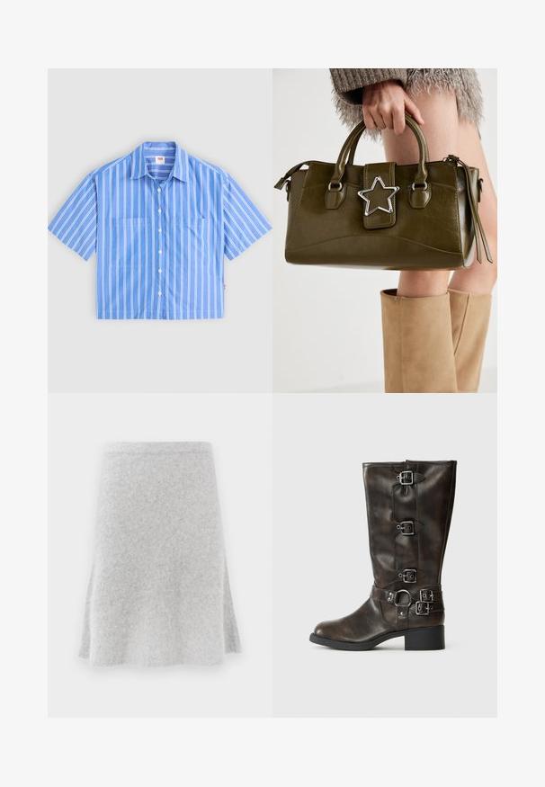 Chemise bleu à manches courtes et boutonnière avec des rayures verticales blanches. Comprend deux poches avant et un col pointu. Fabriquée dans un tissu léger.; Jupe en tricot gris avec un design évasé, texture douce et taille confortable. Le tissu semble chaud et adapté à un usage décontracté.; Bottes en cuir marron jusqu'aux genoux avec plusieurs boucles, un bout rond et un petit talon chunky. Présentent une finition texturée et des sangles ajustables.; Sac à main en simili cuir vert olive avec accent étoilé argenté, deux poignées et fermeture éclair. Surface texturée et forme structurée.