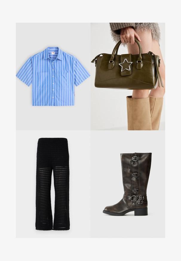 Mėlyna trumpomis rankovėmis mygtukinė marškinėliai su baltomis vertikaliomis juostelėmis. Turi dvi priekinės kišenes ir įstrižą apykaklę. Pagaminti iš lengvos medžiagos.; Juodos megztos kelnės, turinčios tekstūrinį, atvirą tinklo dizainą su plačiomis kojomis. Liemuo yra elastingas, kad būtų patogu ir lengva dėvėti.; Rudos odinės iki kelių botai su keliais sagtimis, apvaliu pirštu ir žemu masyviu kulnu. Yra tekstūruotas paviršius ir reguliuojamos juostos.; Alyvuogių žalios spalvos dirbtinės odos rankinė su sidabro žvaigždės akcentu, dviem rankenomis ir užtrauktuko uždarymu. Tekstūruotas paviršius ir struktūrizuota forma.